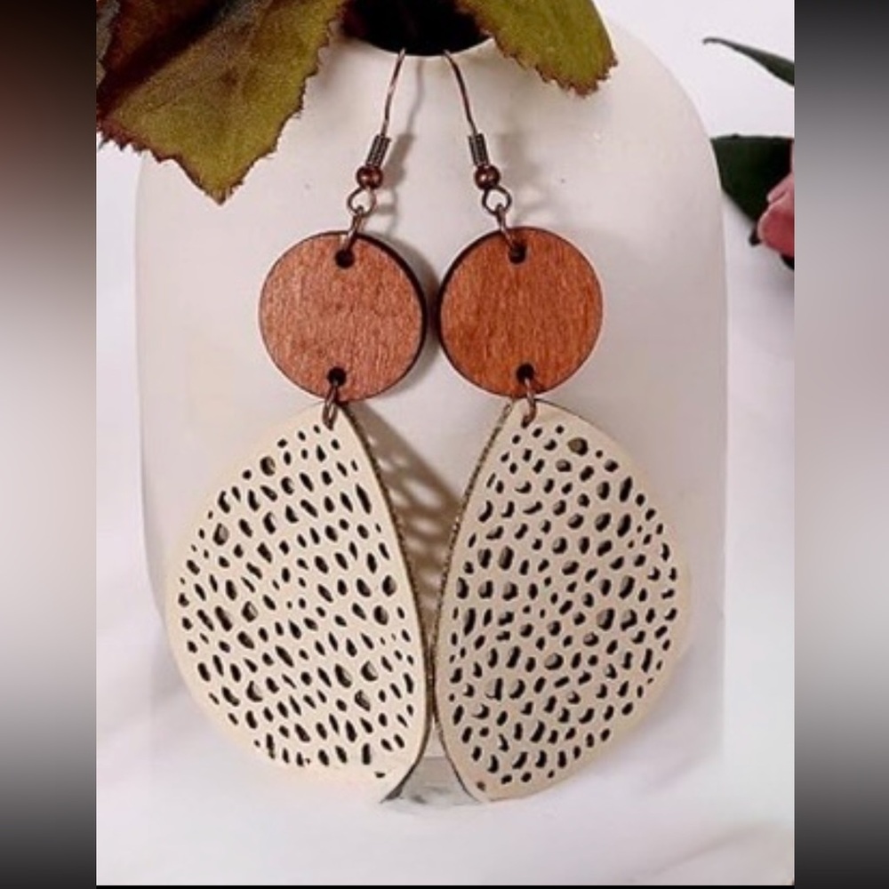Handcrafted Wood and Cream Cutout Drop Earrings